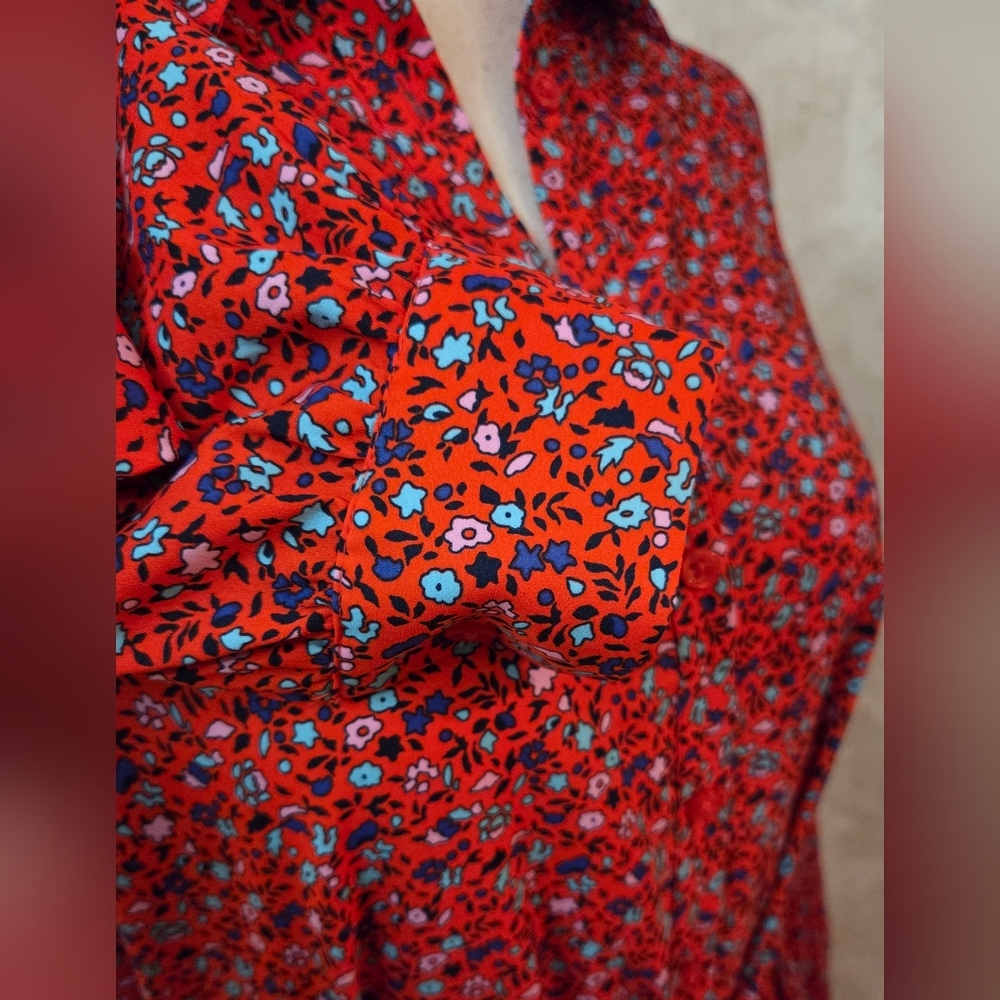 Amazon Essentials Red Floral Shirt Dress Button Front Belted Midi M - Picture 5 of 11